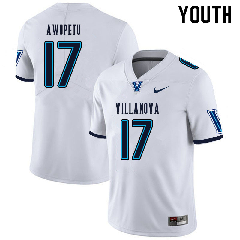 Youth #17 Nowoola Awopetu Villanova Wildcats College Football Jerseys Sale-White - Click Image to Close